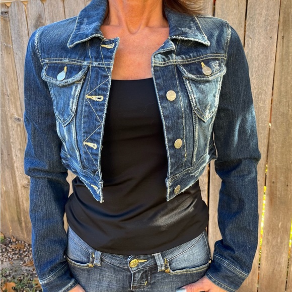 Ladies jacket… distressed denim, cropped jacket. Wings and cross on back. Sz M - Picture 2 of 9